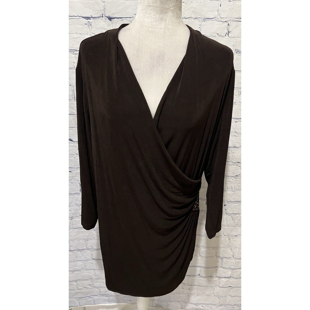 Chico's Travelers Faux Wrap Top Chocolate Brown Slinky Knit Shirt Size 2/L/12
